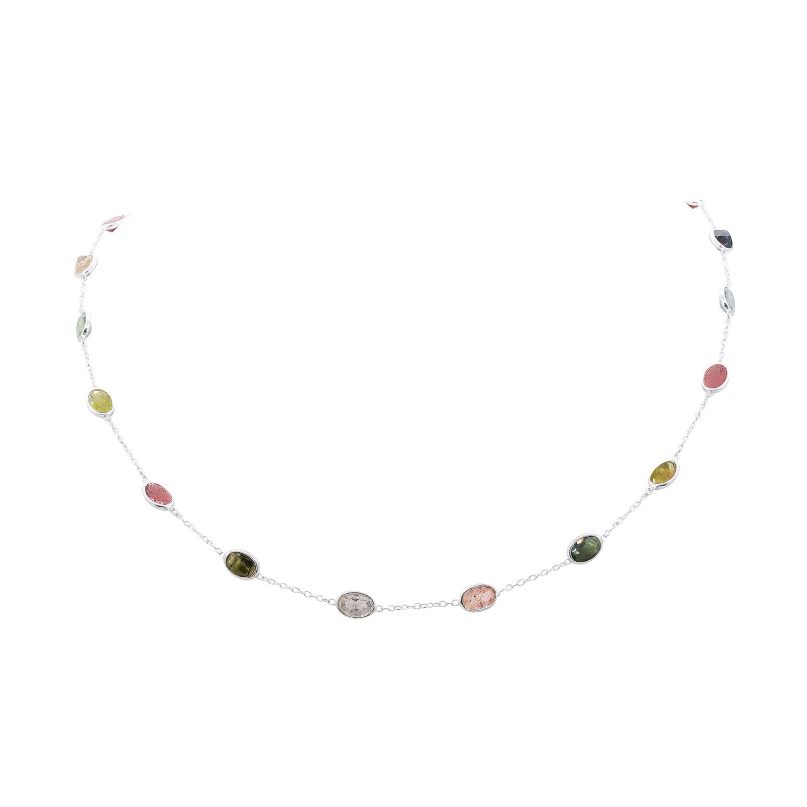 Multi-Color Tourmaline Bezel Set Station Necklace 925 Silver Summer Jewelry Gift