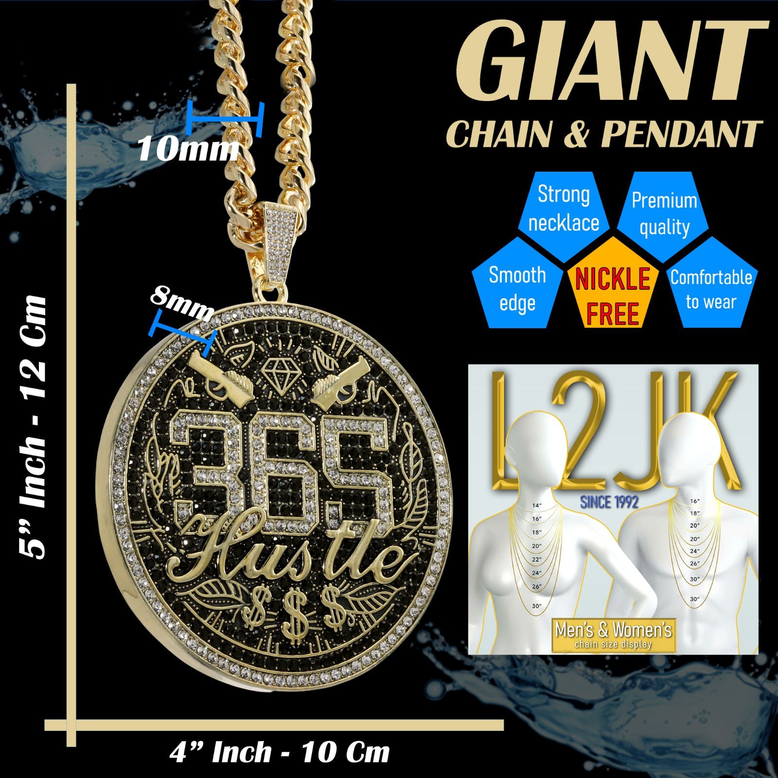 Miami Cuban Curb Chain Necklace 10mm 30In & 365 Hustle Money Sign Gold Plated XL