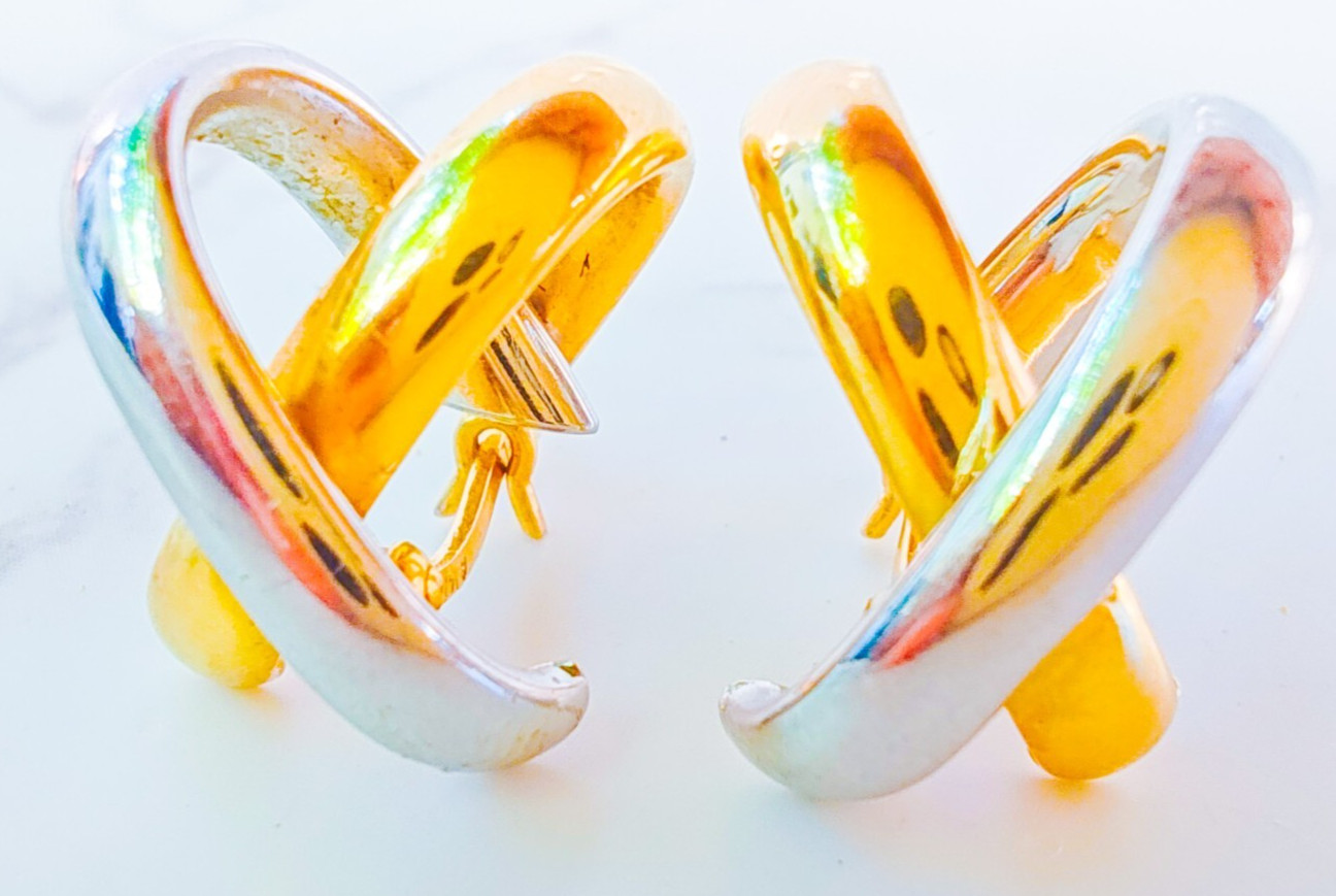 14K Two‑Tone Gold X‑Design Earrings • 2.50g • Snap‑Bar • Marked 14K Israel