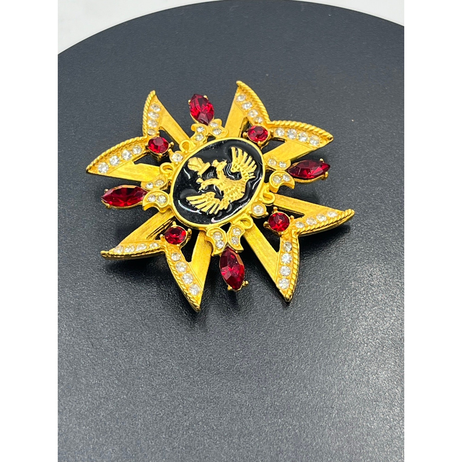 Russian Maltese Cross Red Rhinestone Black Enamel Pearl Crown Eagle Brooch