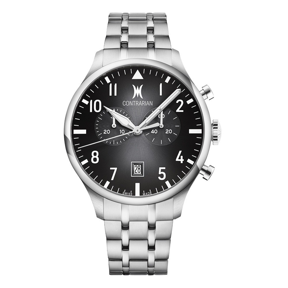 Contrarian Swiss Luxury Vintage Pilot 43 Stainless Watch Sapphire Glass MSRP 750