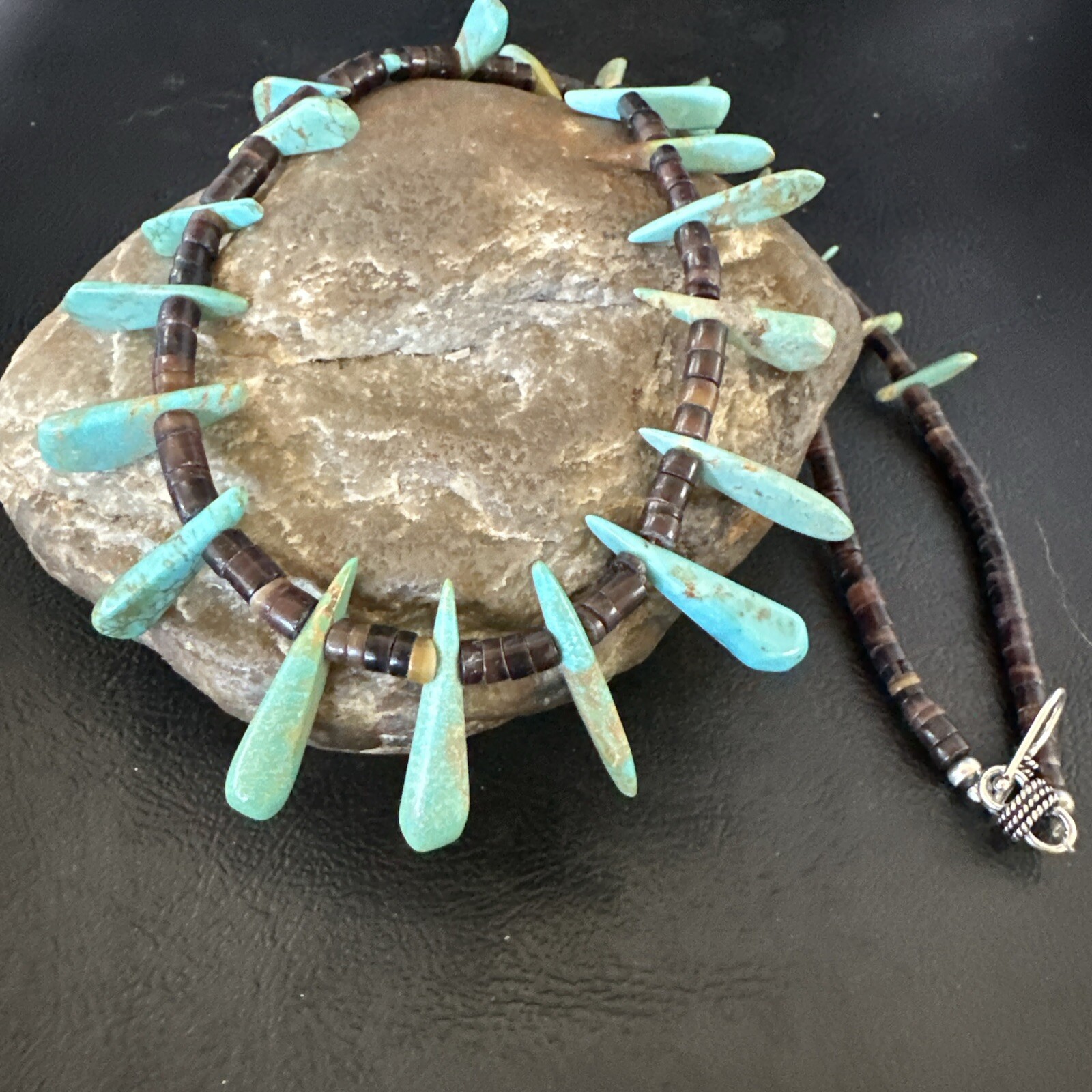 Native Green Turquoise Bone Bead Navajo Sterling Silver Necklace 20″ 17636