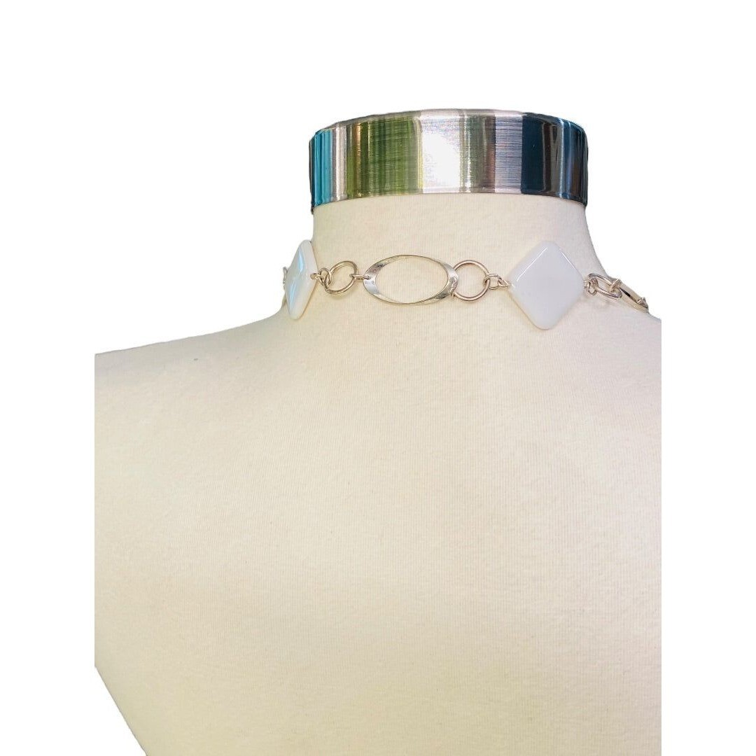Silvertone and White Acrylic Square Necklace Overhead 34″ Lightweight