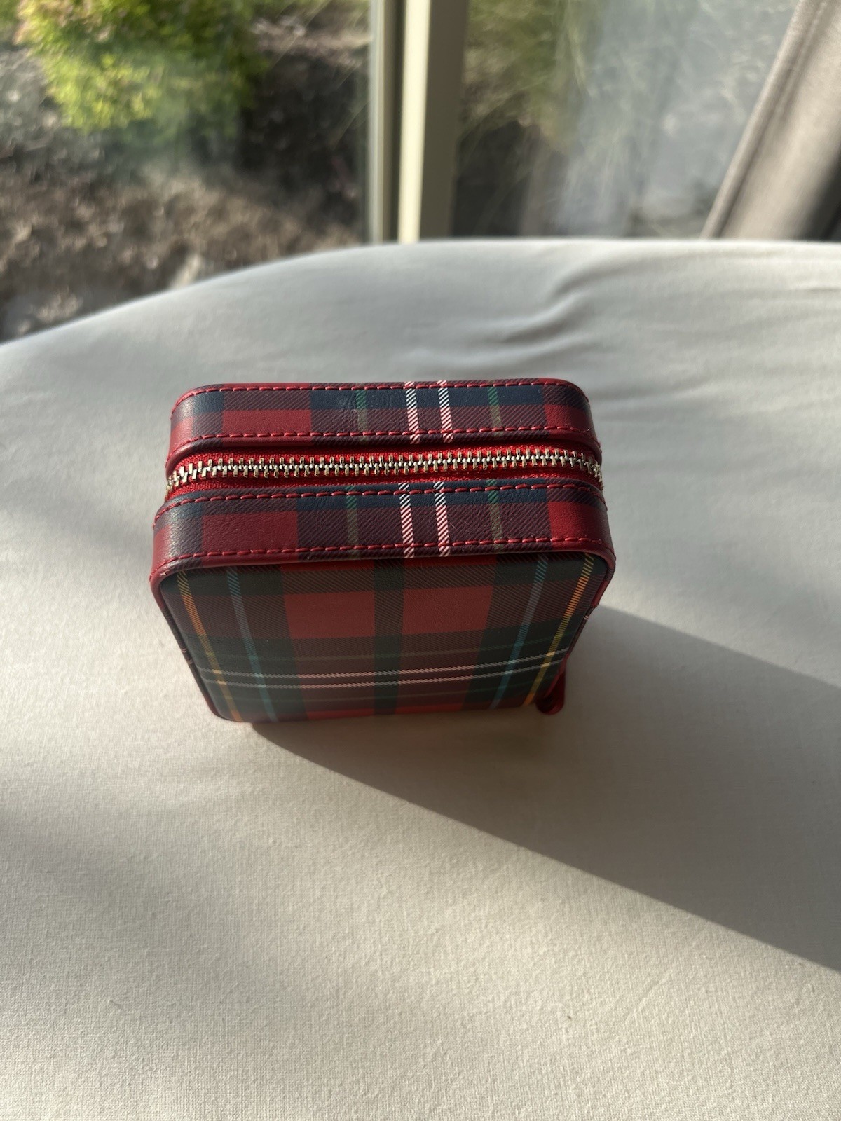 Mark & Graham Plaid Travel Jewelry Case Zip-Around w/ Mirror Faux Leather