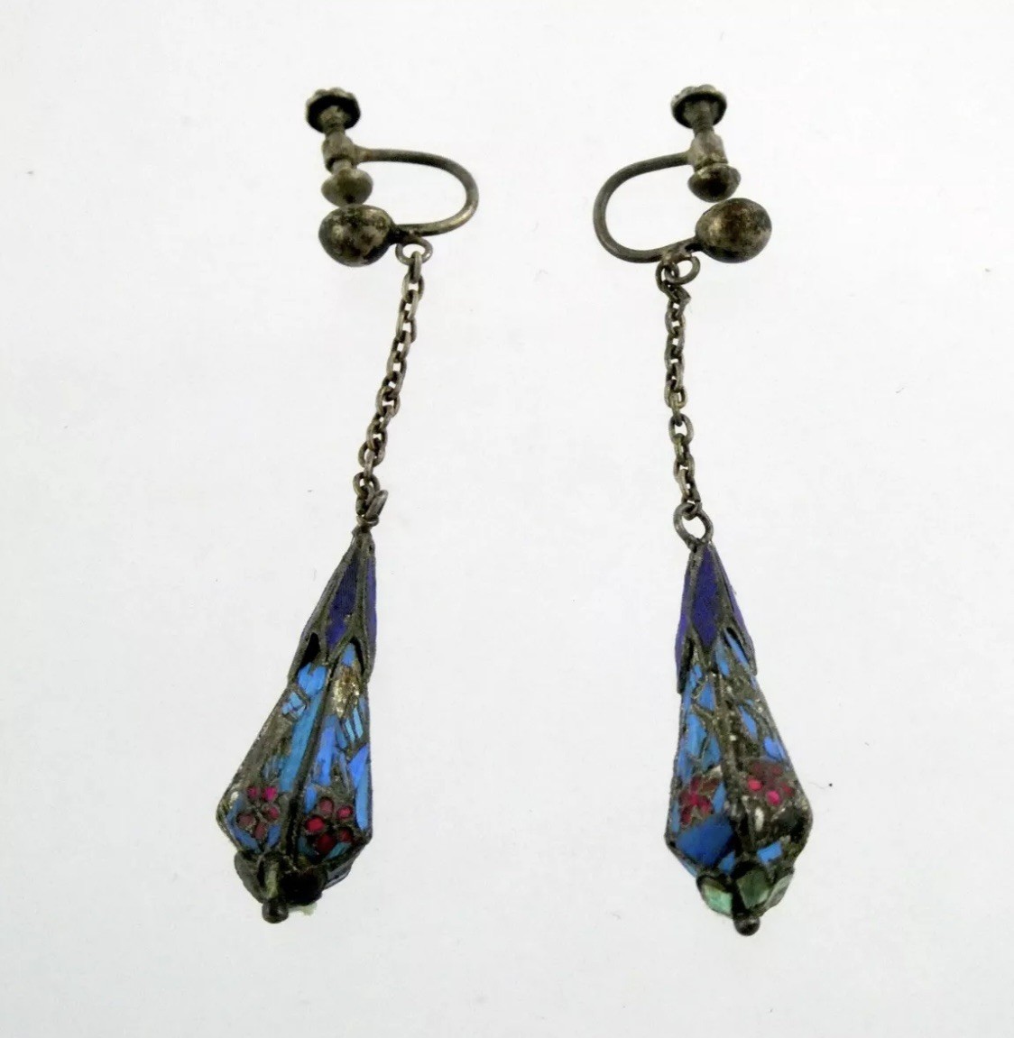 Rare Antique Chinese Kingfisher Bird Feather Silver Drop Dangle Earrings