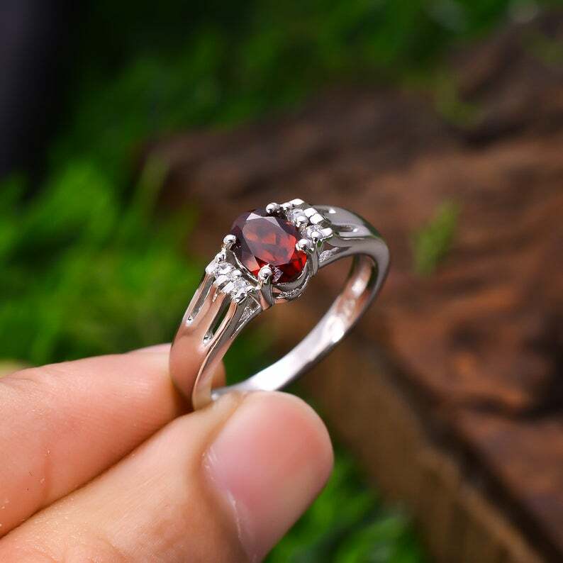 Natural Red Garnet Gemstone 92.5 Silver Delicate Ring 3.3 Gram Minimalist Garnet
