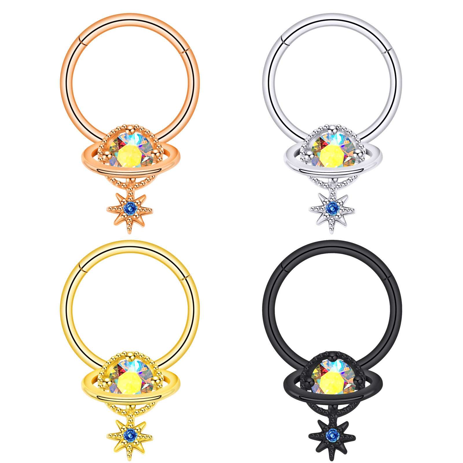 1PC Steel Hinged Septum Clicker Planet Moon Dangle Segment Nose Hoop Rings 16G
