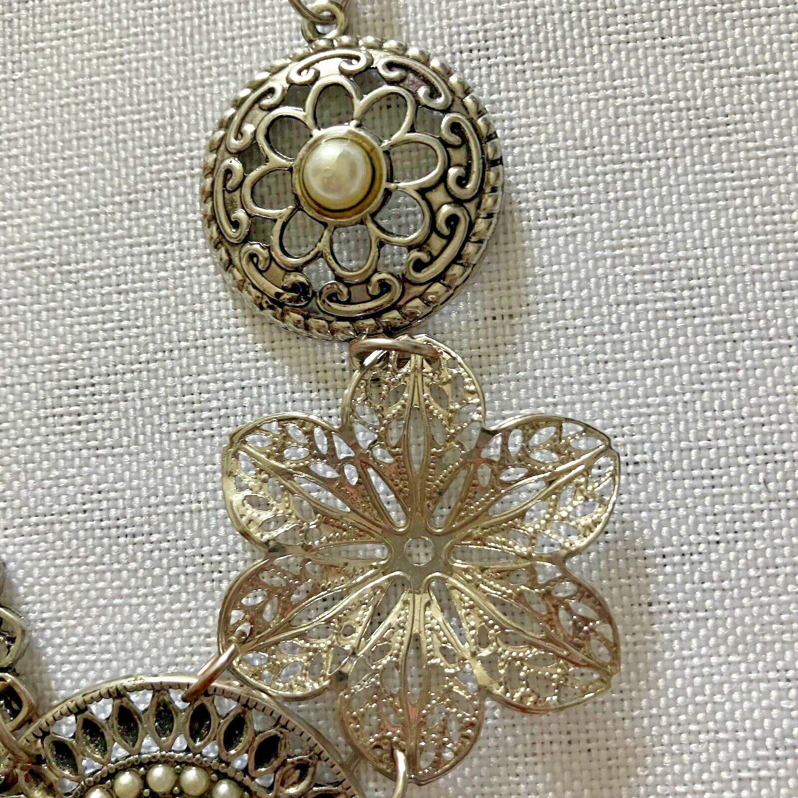 Vintage Costume Necklace Ivory Fabric Flower Silver Colored Pendants Jewelry