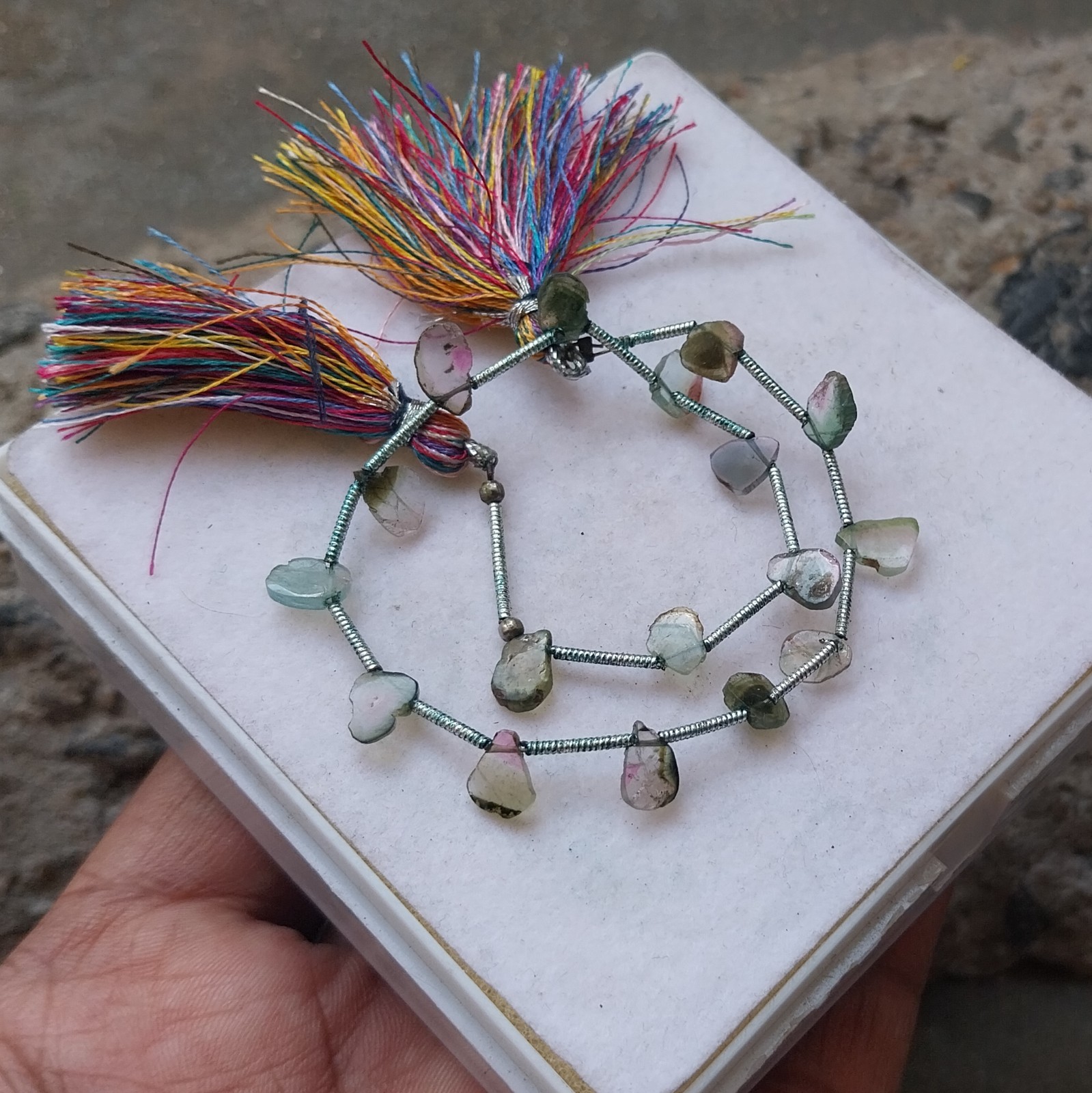 15 Carat Natural Watermelon Green Bi-Color Tourmaline Slice 8 Inch Necklace