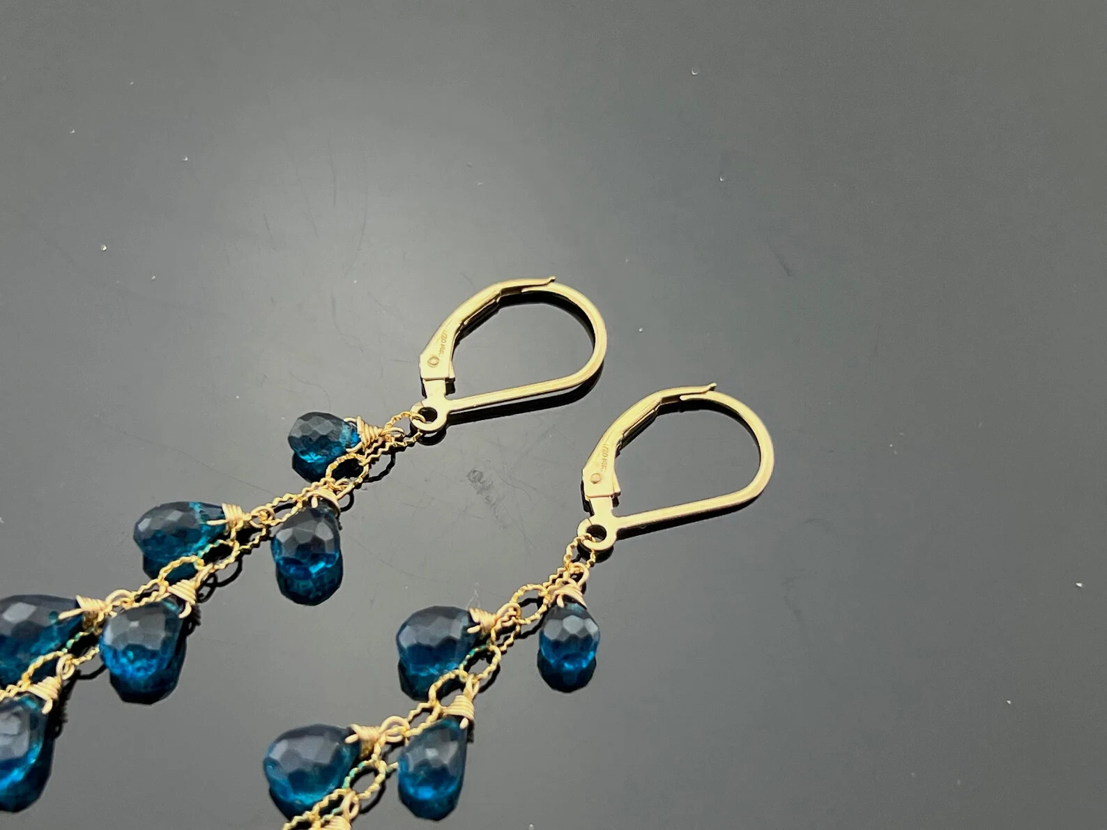 Genuine London Blue Topaz Cascade 14K Gold Filled Dangle Leverback Earrings
