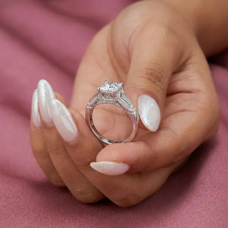 For Engagement Gift Ring 1.5CT Princess Lab Grown Diamond 14k Real White Gold