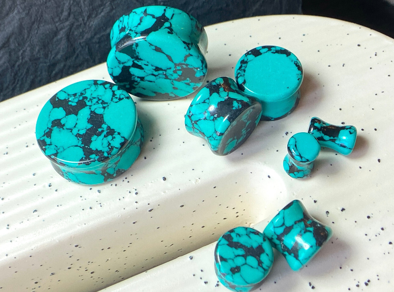 PAIR Black & Teal Synthetic Turquoise Stone Plugs Earlets Tunnels Gauges Jewelry