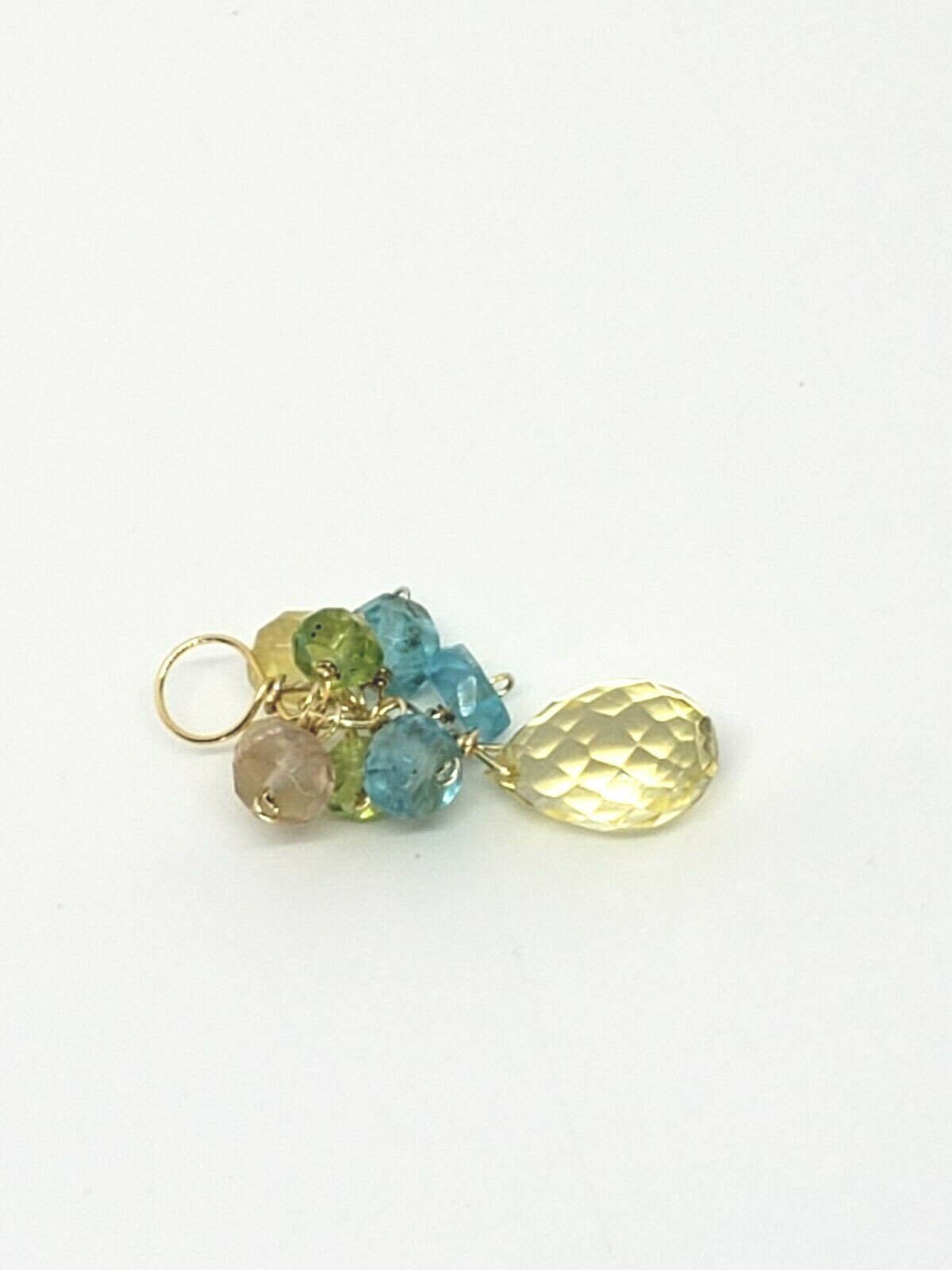 14k Yellow Gold Lemon Quartz Briolette Peridot Fluorite Cluster Drop Pendant