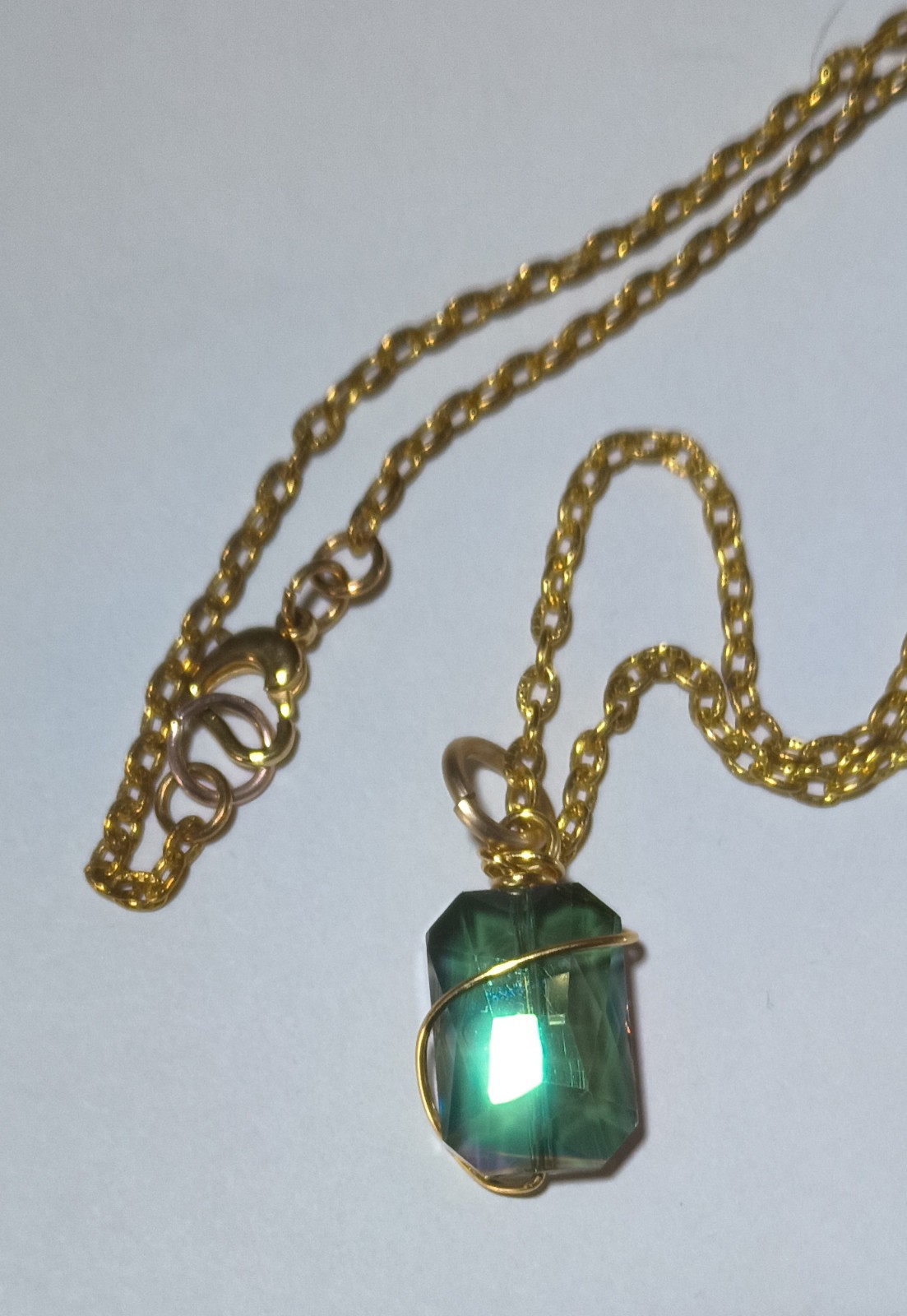 #5 Gold Necklace with a Pink/Green Crystal Wire Wrapped