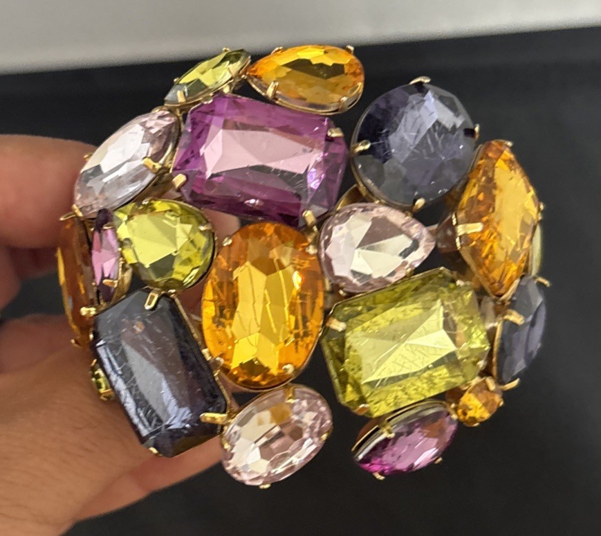 Vintage Gold Tone Plastic Resin Rhinestones Wide Hinged Bracelet Wow