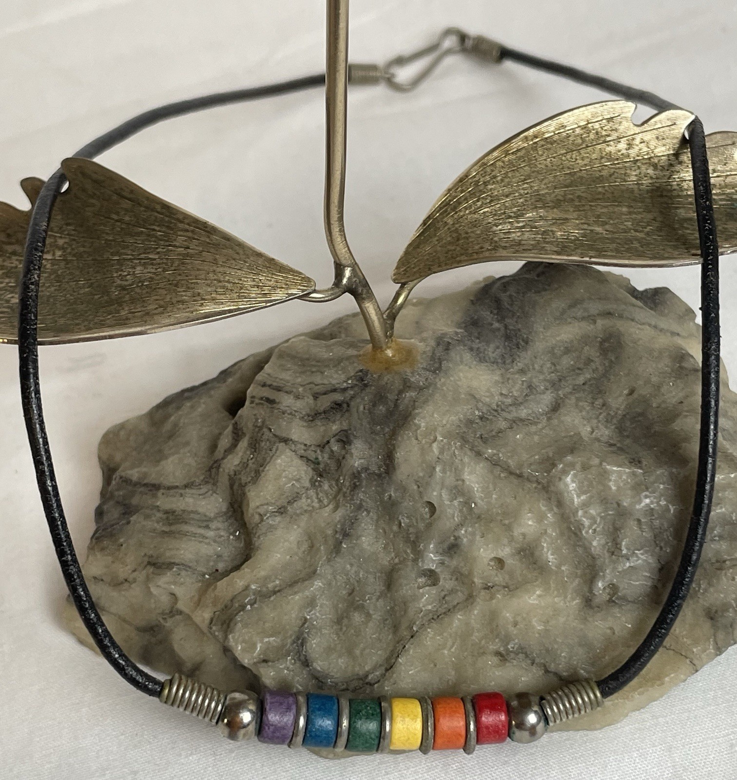 Vtg Real Silver Ceramic Beads Necklace 16” Multicolor Black Leather Cord