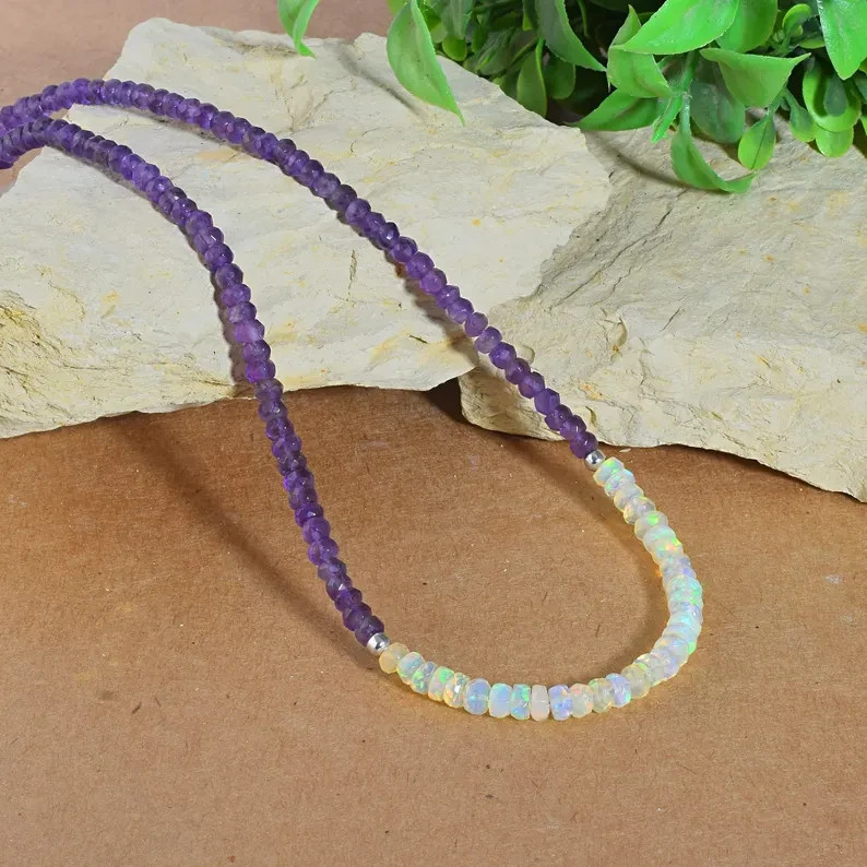 Handmade Natural Welo Fire Opal & Amethyst Beaded Necklace 925 Silver 18″ Gift