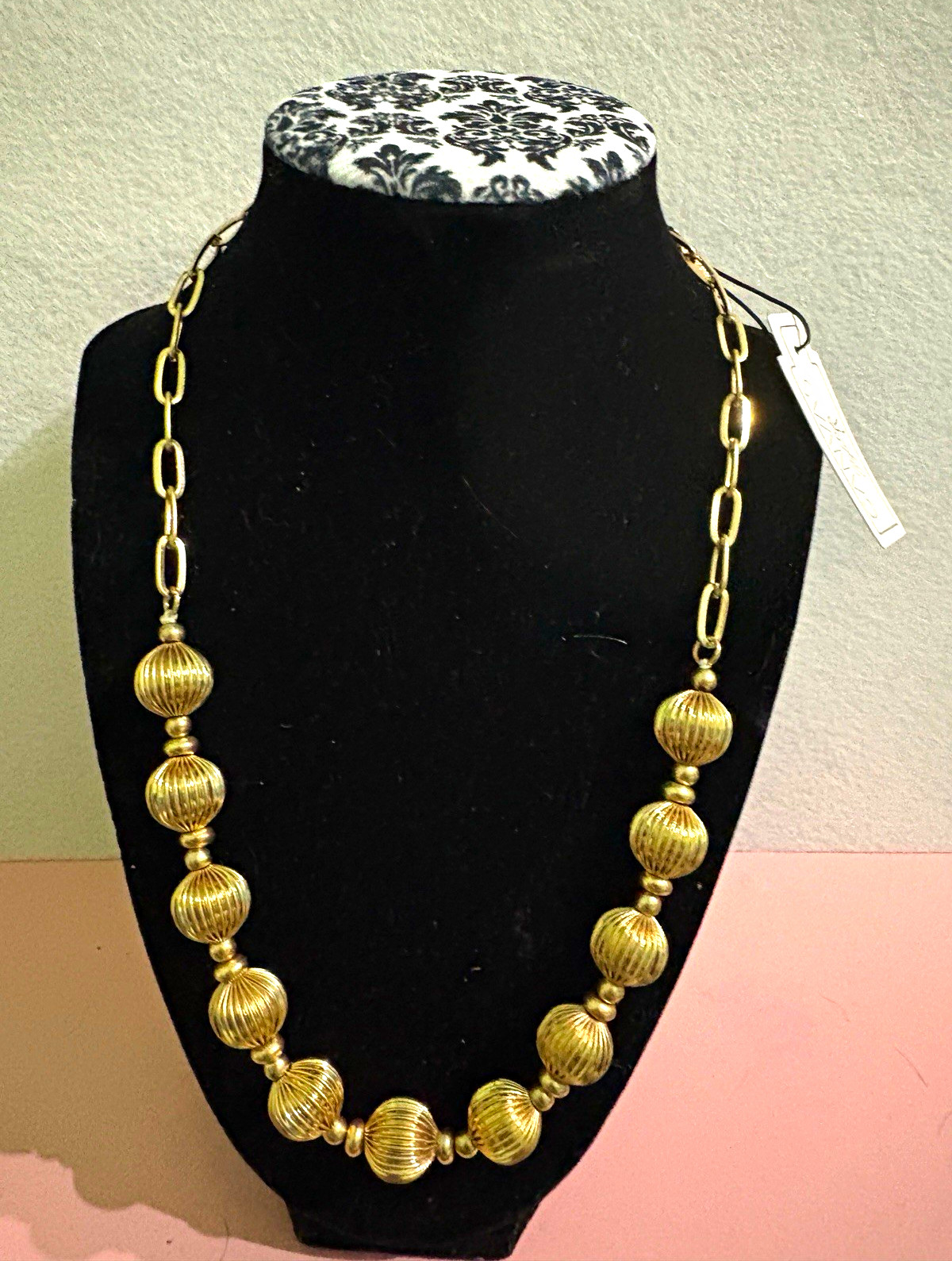 Canvas Style Gold Tone Beaded Link Chain Necklace, Adjustable, Lobster
