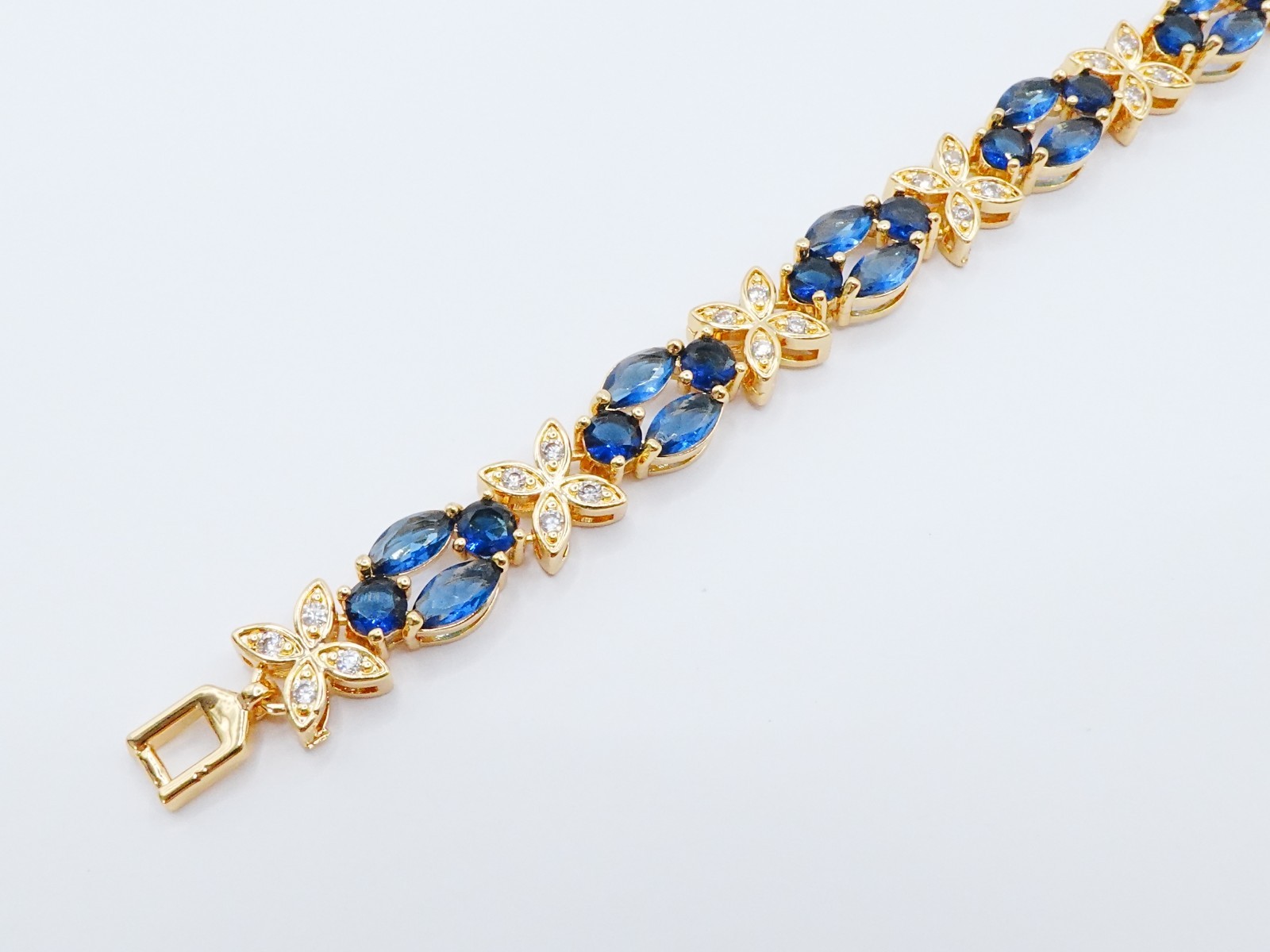 Bracelet Blue Gemstone & Cz Diamond 24K Yellow Gold Plated 7″ Women Jewelry