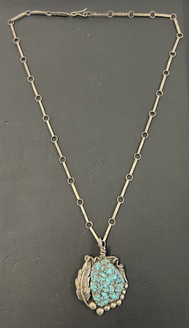 Vtg 925 Sterling Silver Turquoise 22″ Necklace Signed ES 36.3g