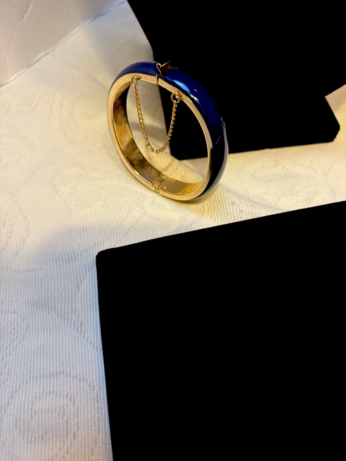 Vintage Napier Hinged Cuff Bracelet With Safety Chain Blue Gold Tone Not Signed
