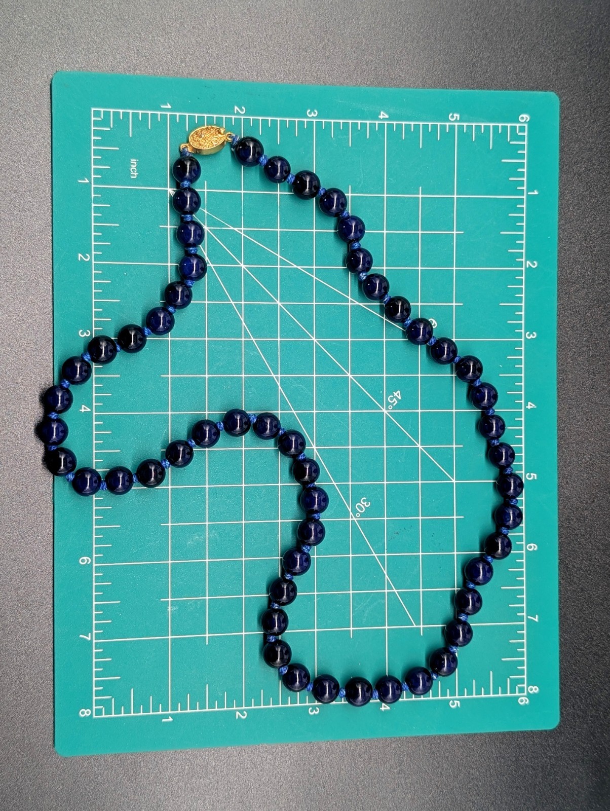Vintage Hand Knotted Cobalt Blue Glass Bead Necklace 24″ L 10mm