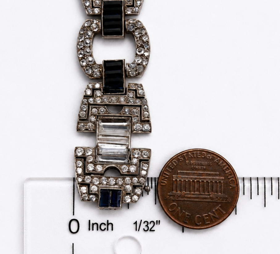 Antique Art Deco 935 Silver Bracelet Blue Clear Glass Argentina 7 7/8 in