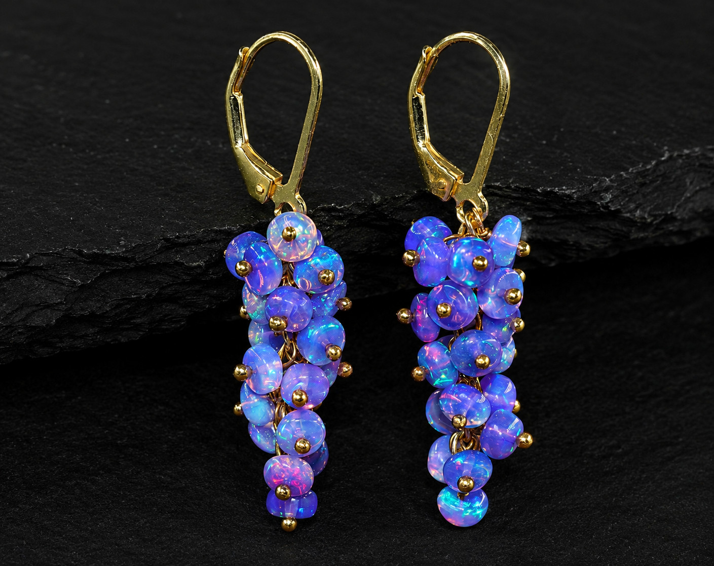 Natural Lavender Blue Opal Cluster Earrings 925 Sterling Silver Gold Filled Gift