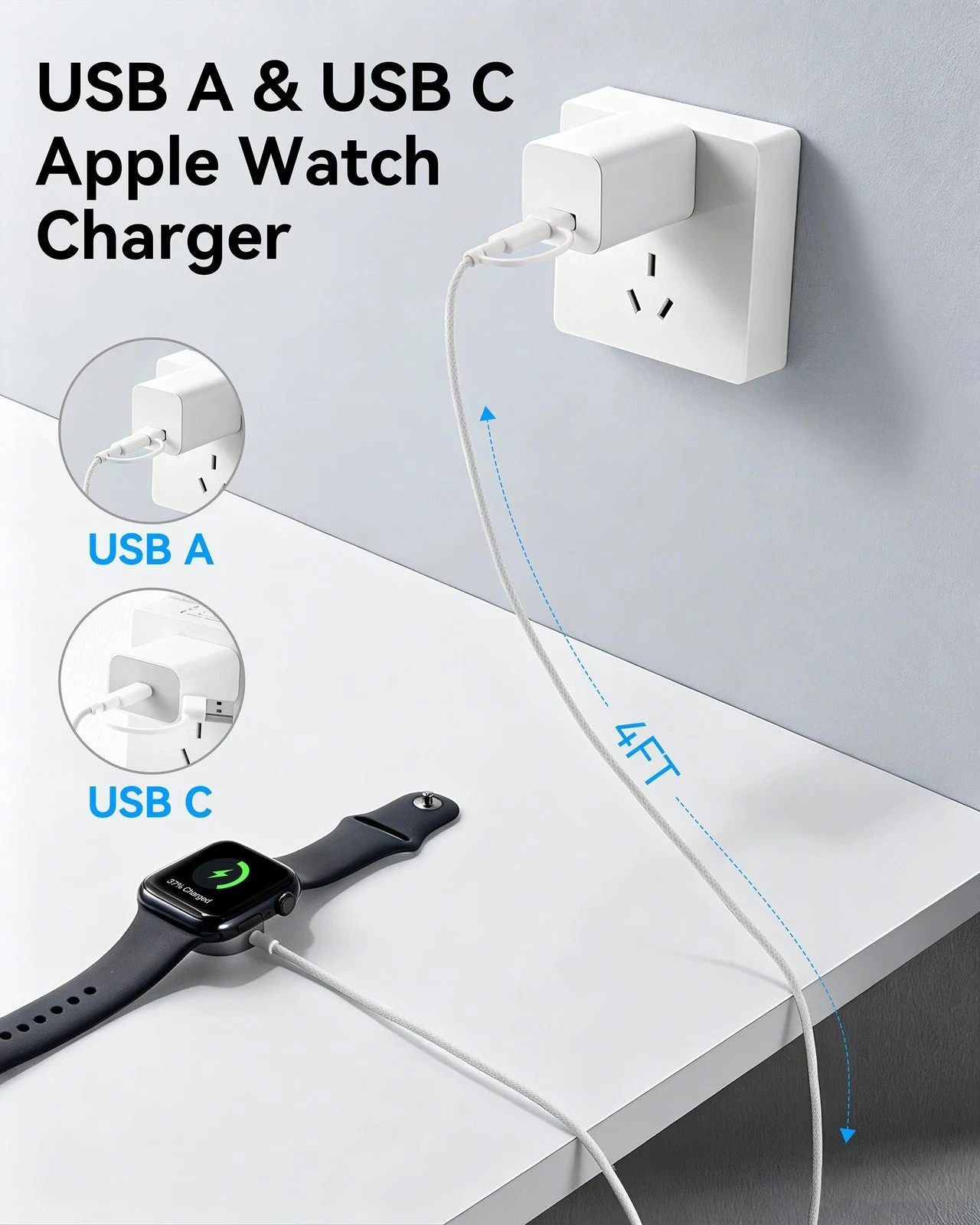 2 Pack Apple Watch Charger Cable USB A/C Magnetic Fast Charging Cord 4FT White