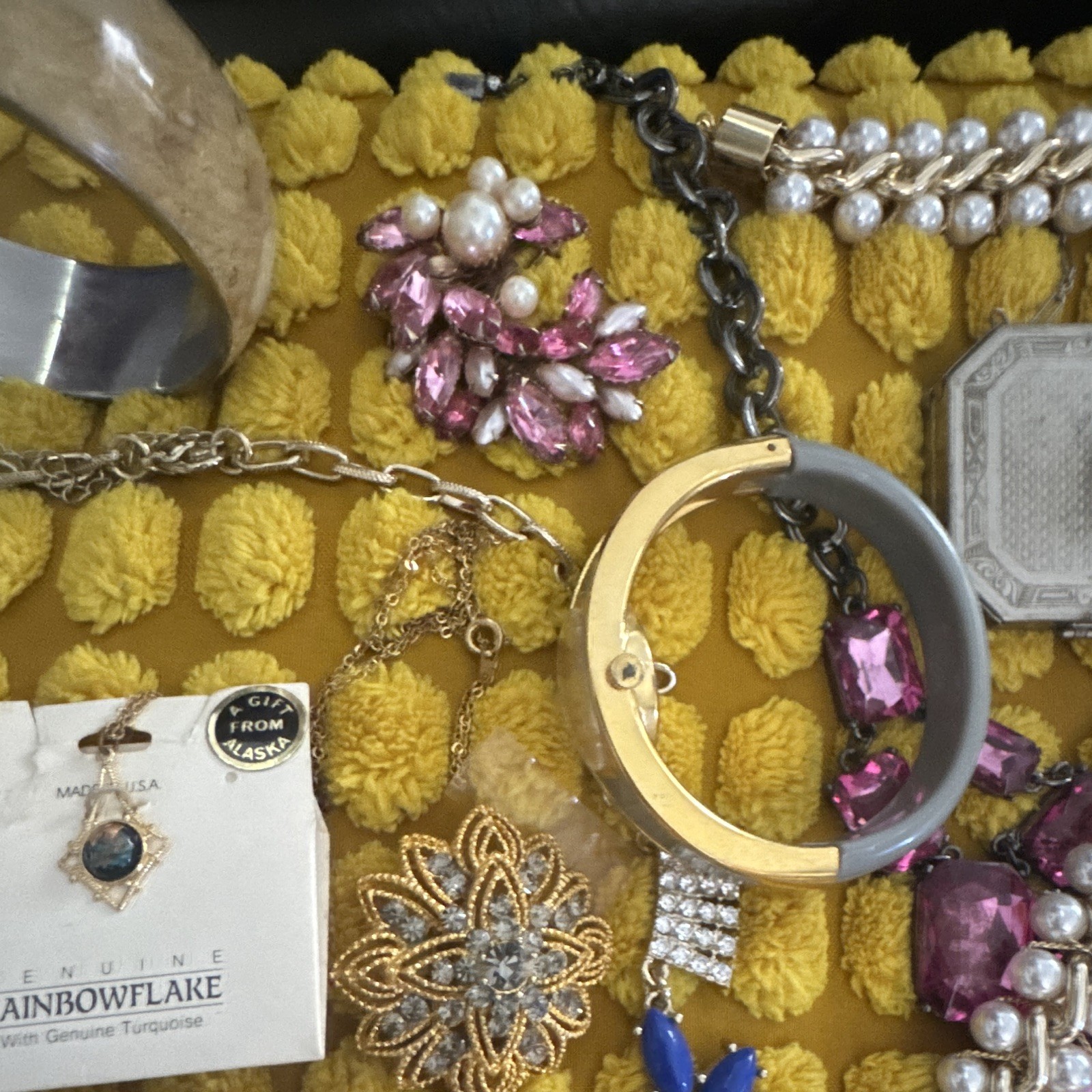Lot; Costume and Antique jewelry; with antique silver powder box and coin purse!