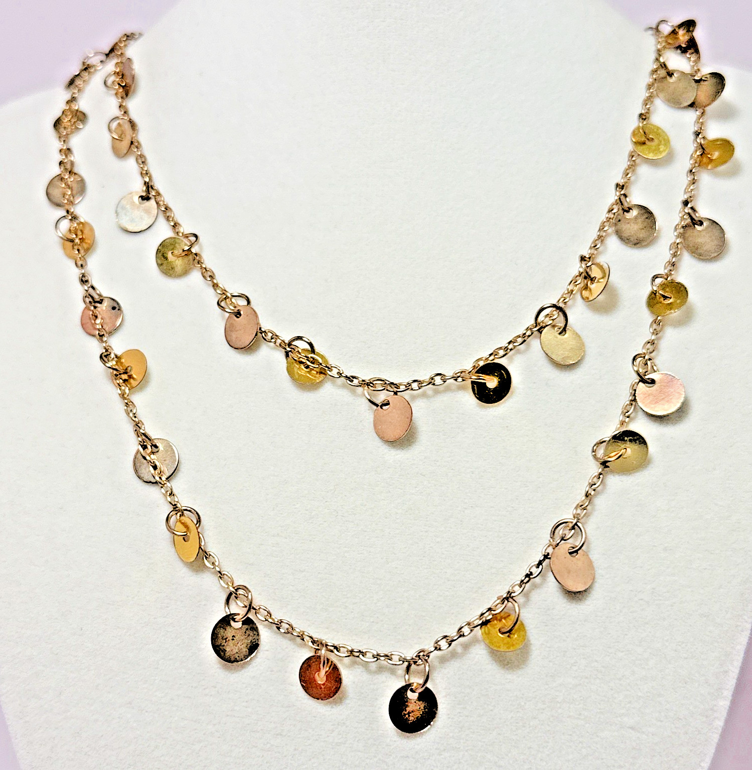 Vintage Gold Tone Multi Strand Layered Disc Shimmer Sequin Station Necklace Boho