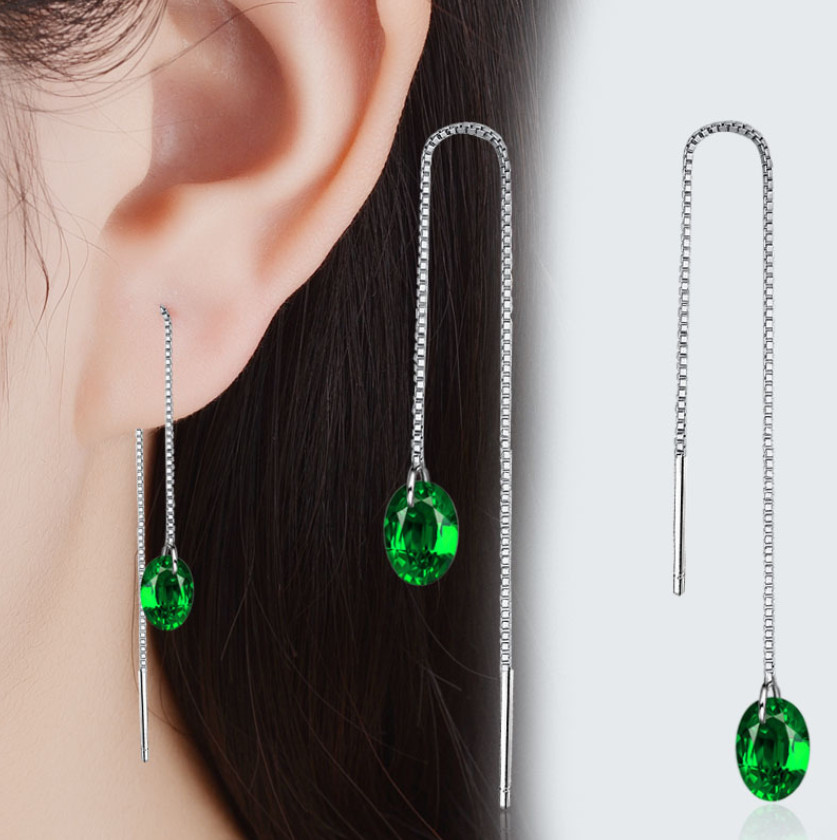 925 Sterling Silver Plated Oval Green CZ Threader Dangle Drop Chain Earrings C9