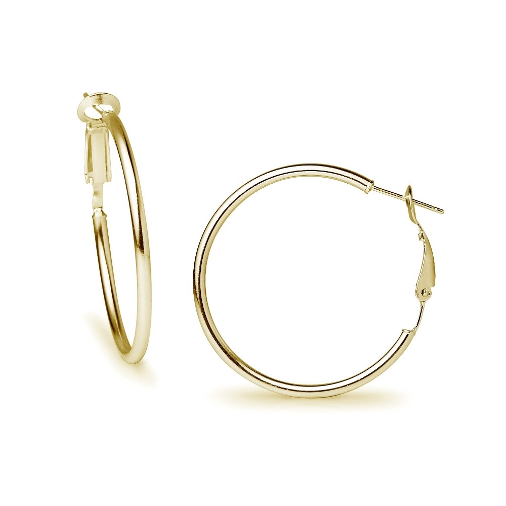 Round Clutchless 2x35mm Hoop Earrings in Polished Yellow Gold Plated 925 Silver