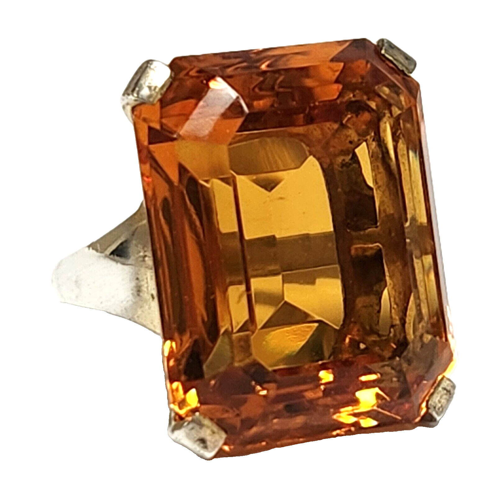 1960’s Emarald Cut 20+ Carat Faux Orange Citrine Glass Sterling Silver Ring 6