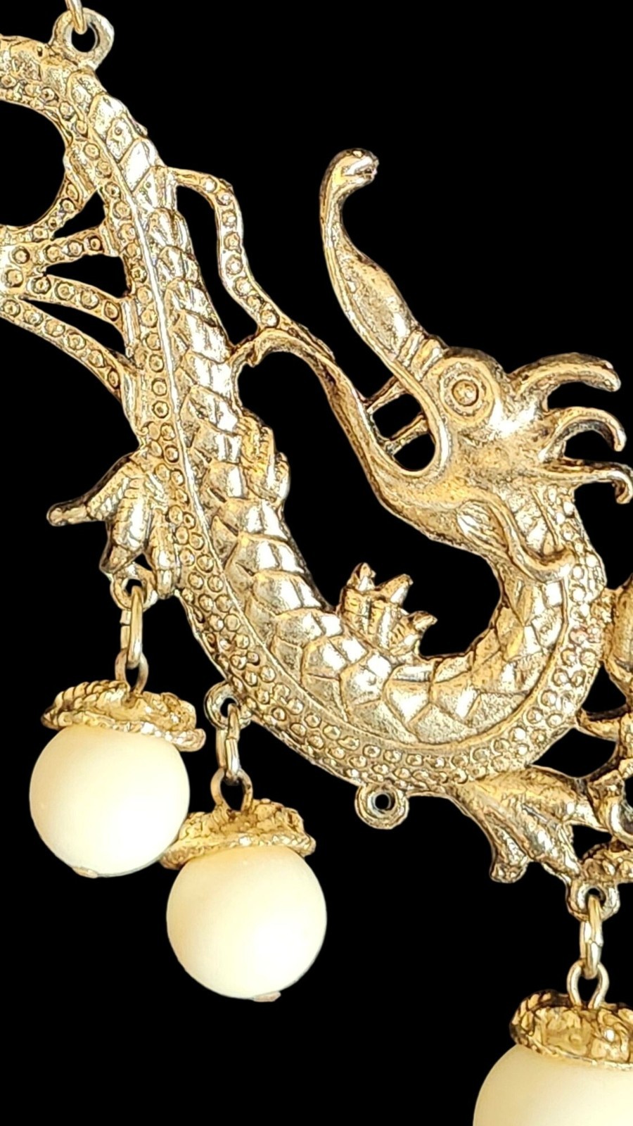 Vintage Asian Dragon Necklace Gold Tone Double Strand Bead Statement Bib Cream B
