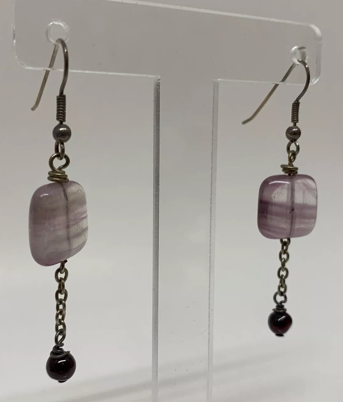 VTG Square Fluorite Dangle Hook Drop Chain Earrings 7.69g