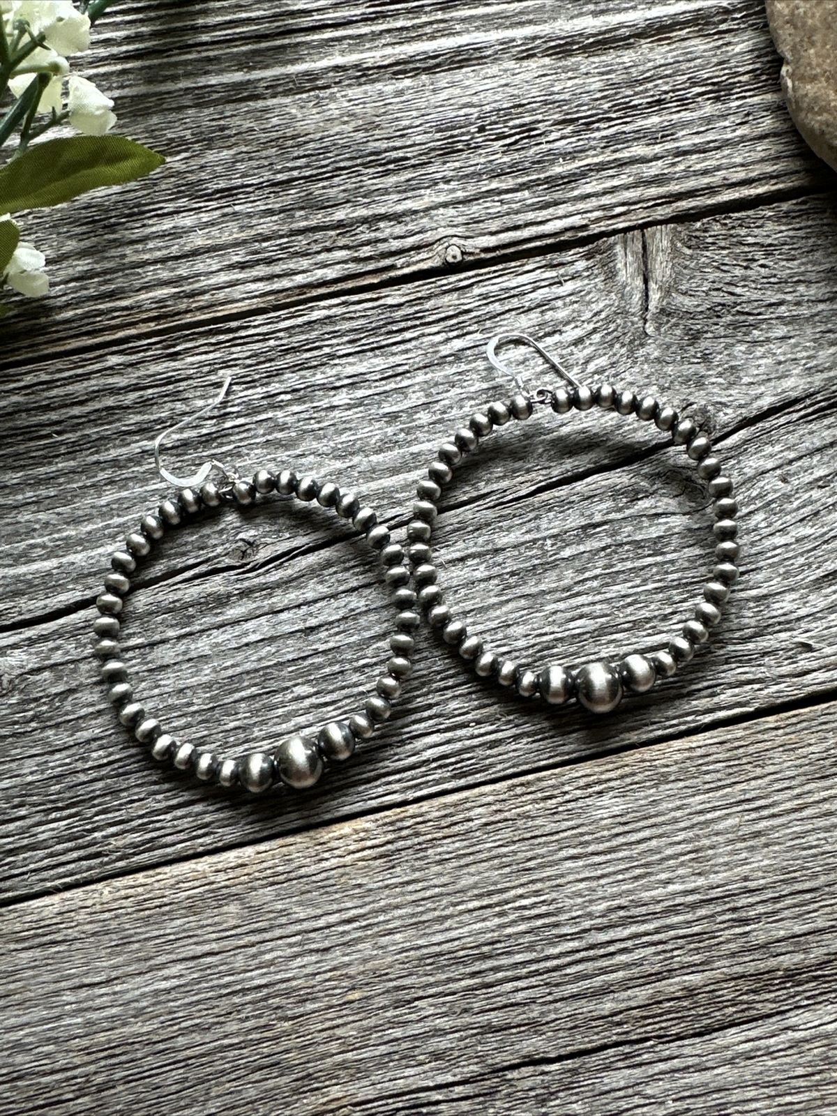 Sterling Silver Oxidized Pearls Bead Hoop Earrings. 2.6 Inch