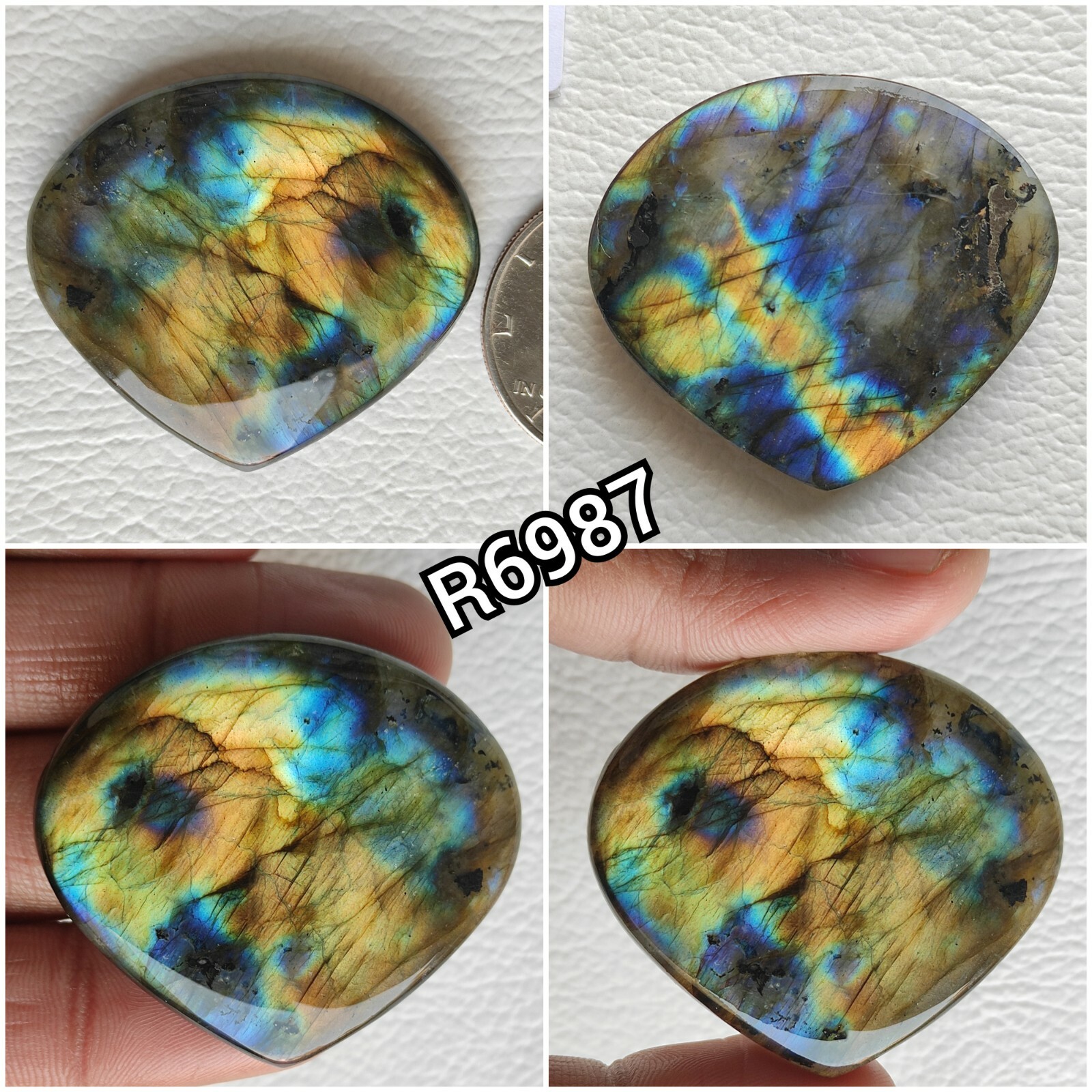 Rare Golden Blue Flashy Labradorite Cabochon Heart Shape Big Stone R6987-R6990