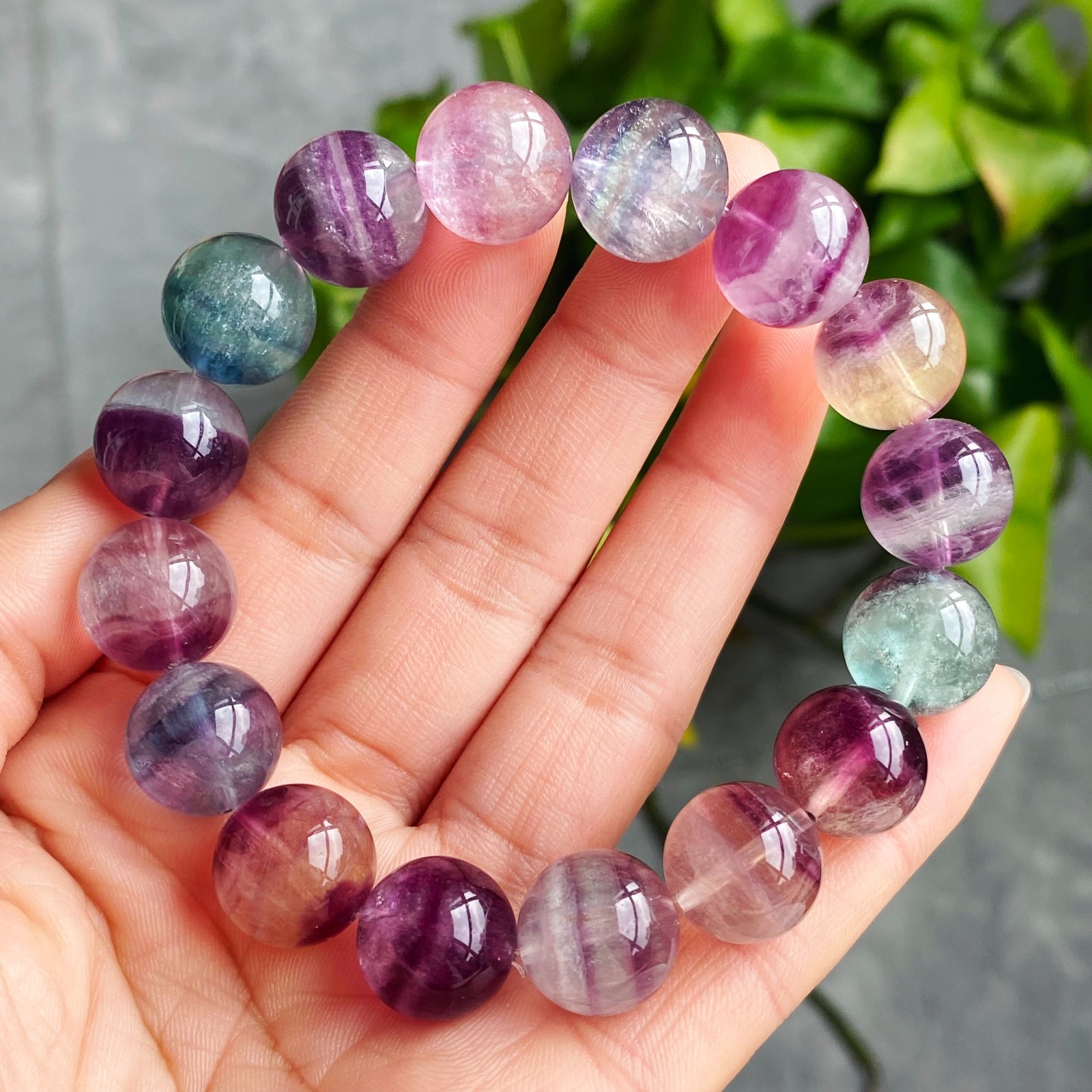 13.7mm Natural Color Fluorite Quartz Crystal Gemstone Beads Bracelet 2889