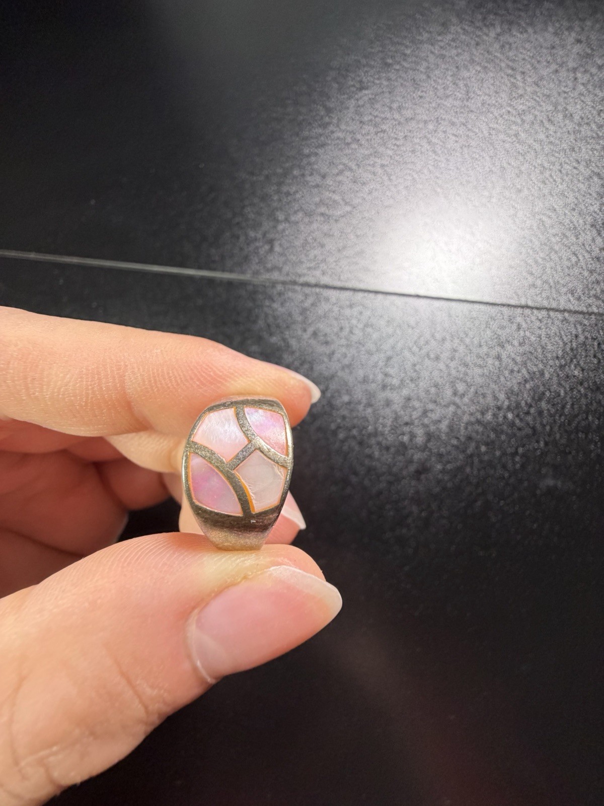 Vintage Sterling Silver 925 Pink Mother of Pearl Geometric Inlay Ring MP