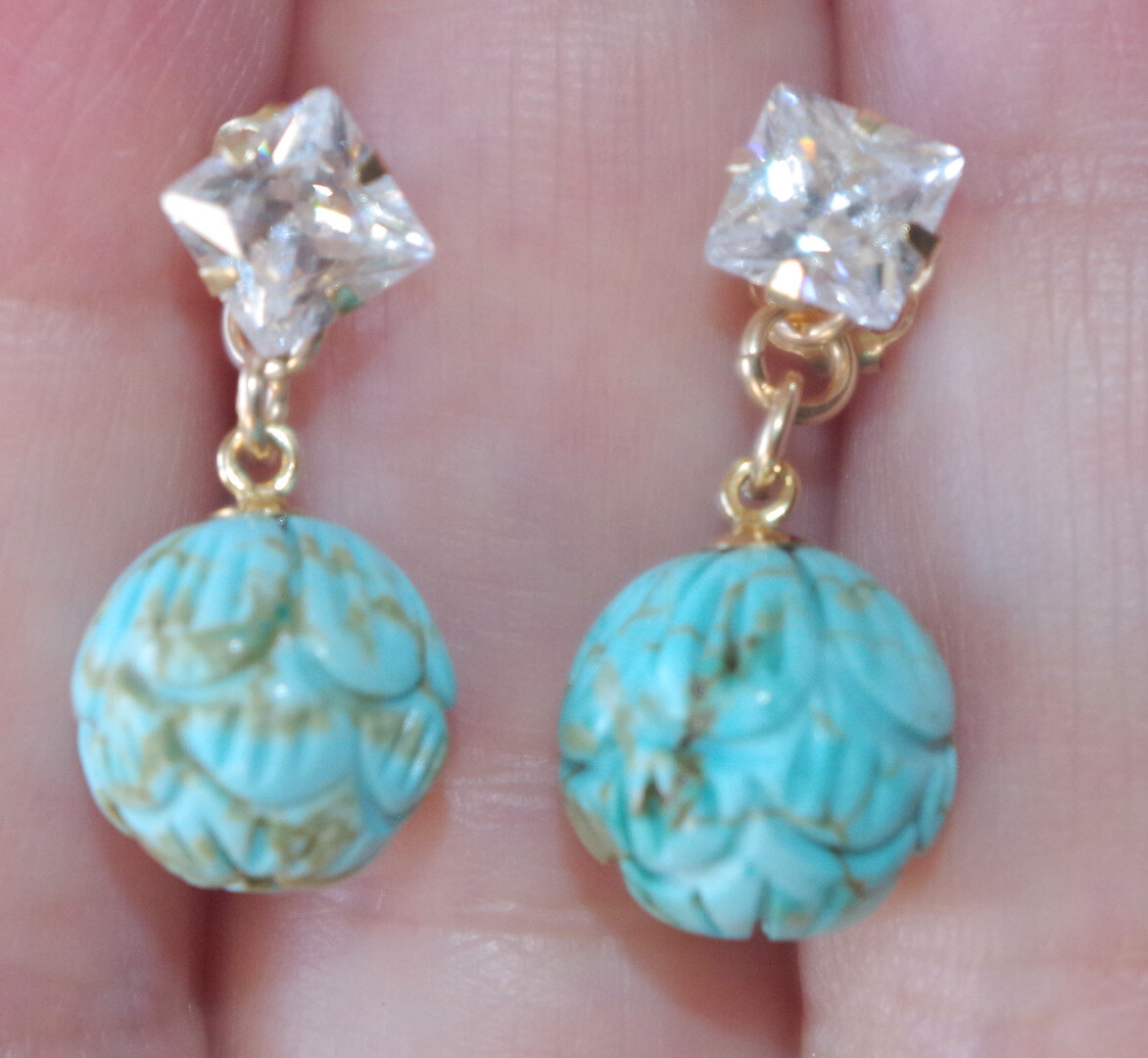 VINTAGE 1OK GENUINE 6 MM ZIRCON STUD EARRINGS W 10 MM TURQUOISE BALL JACKETS