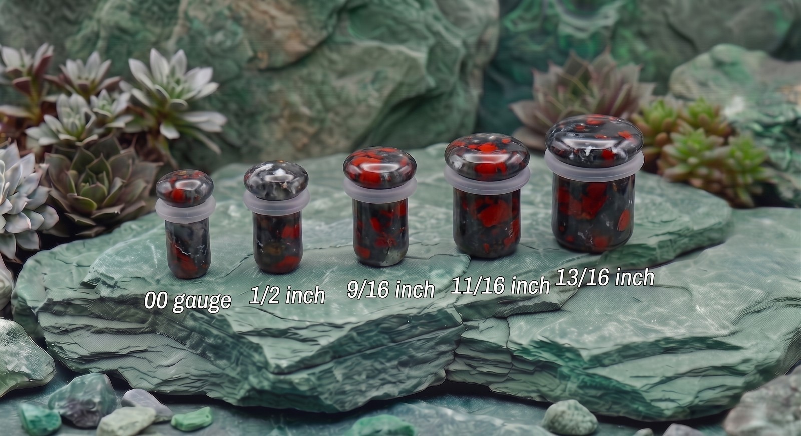 Pair of Chicken Blood Single Flare Stone Ear Plugs Silicone O-Ring Expander E620