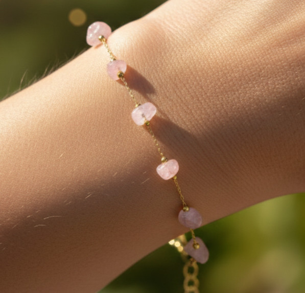Boho Handmade Gold Color Plated Brass Bracelet with Rose Quartz Color Stones