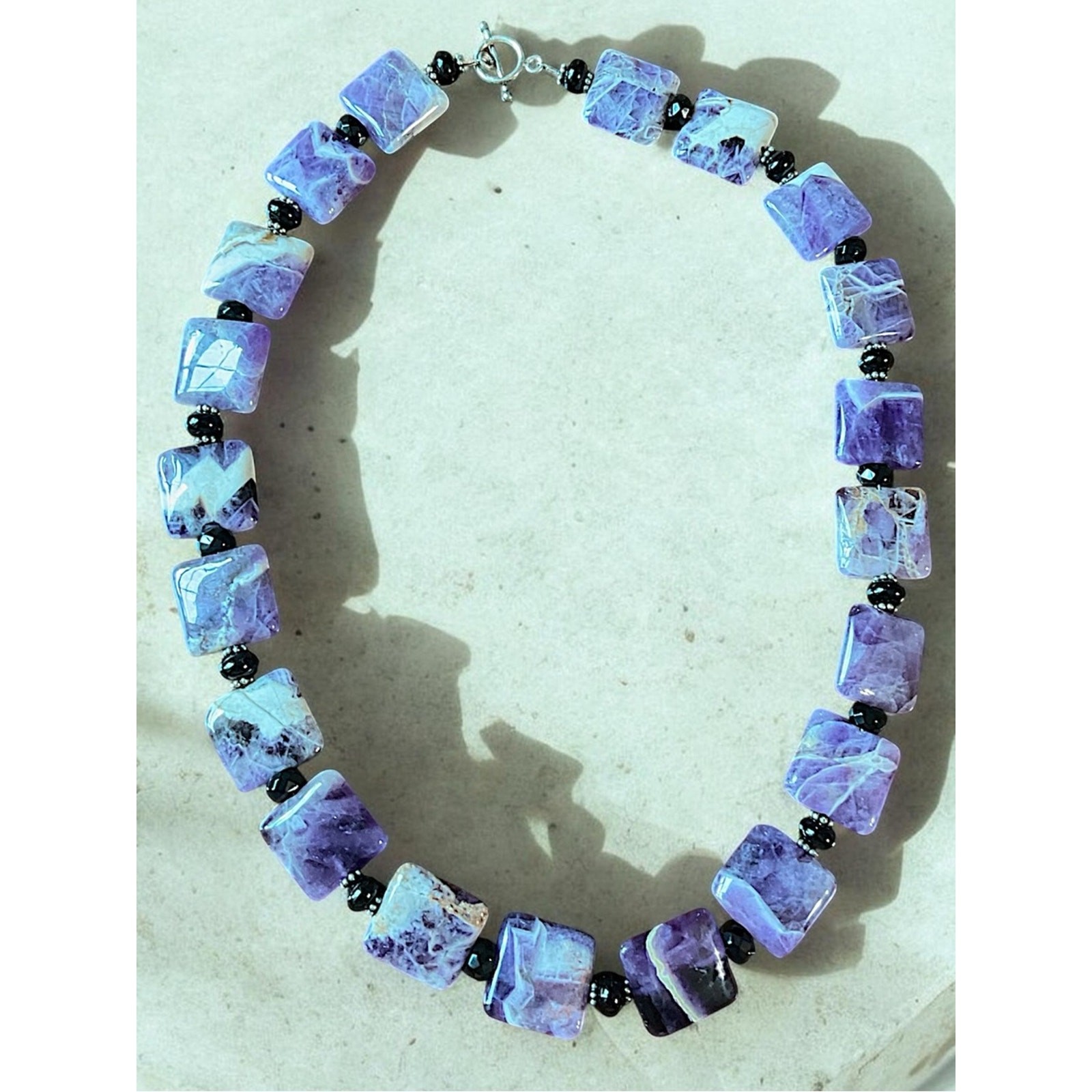Vintage Sterling Silver Chevron Amethyst Beaded Toggle Clasp Necklace