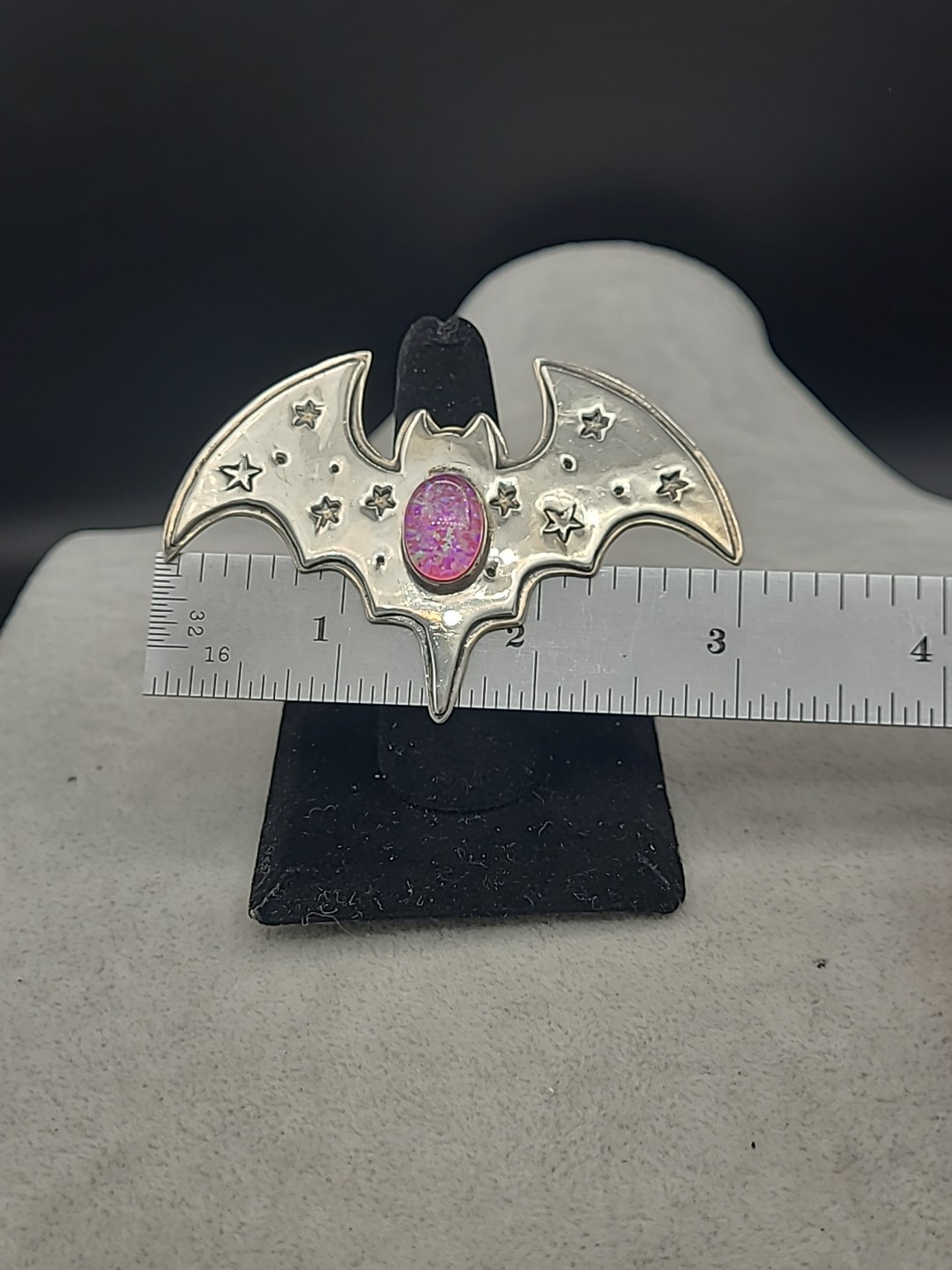 Super Cute! Sterling Silver PINK Lab Opal Bat Ring Size 7 Adjustable!