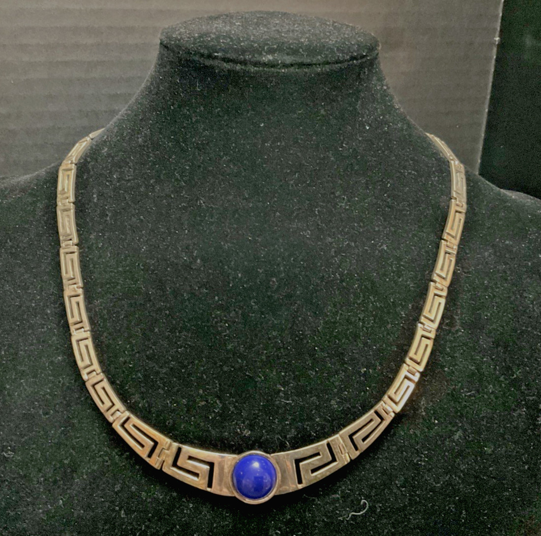 Sterling Silver and Blue Lapis Necklace Greek Key Design Choker ~ 45 Grams 20 In