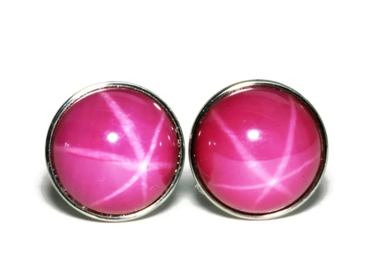 Genuine Round Cut Pink Star Sapphire Stud Earrings SterlingSilver Sapphire Studs
