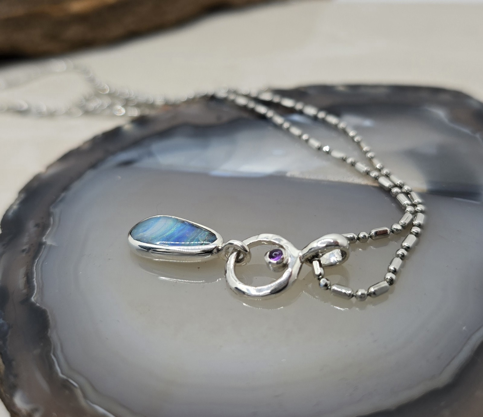 Modern Australian Made Solid Boulder Opal Silver 925 One Of A Kind Pendant
