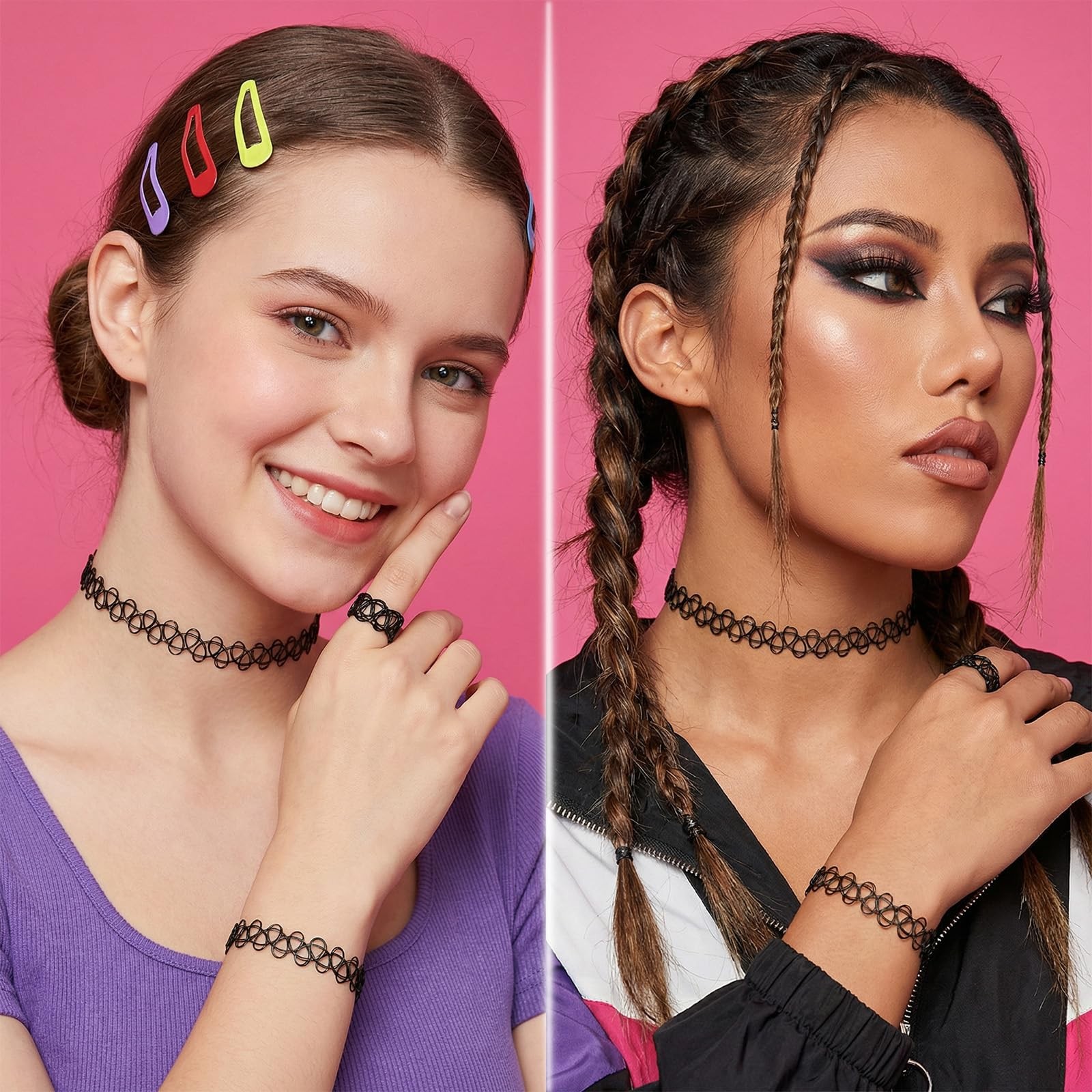 FNANJWQ 9Pcs Tattoo Choker Necklace, Bracelet & Ring Set, 90s Standard, Black