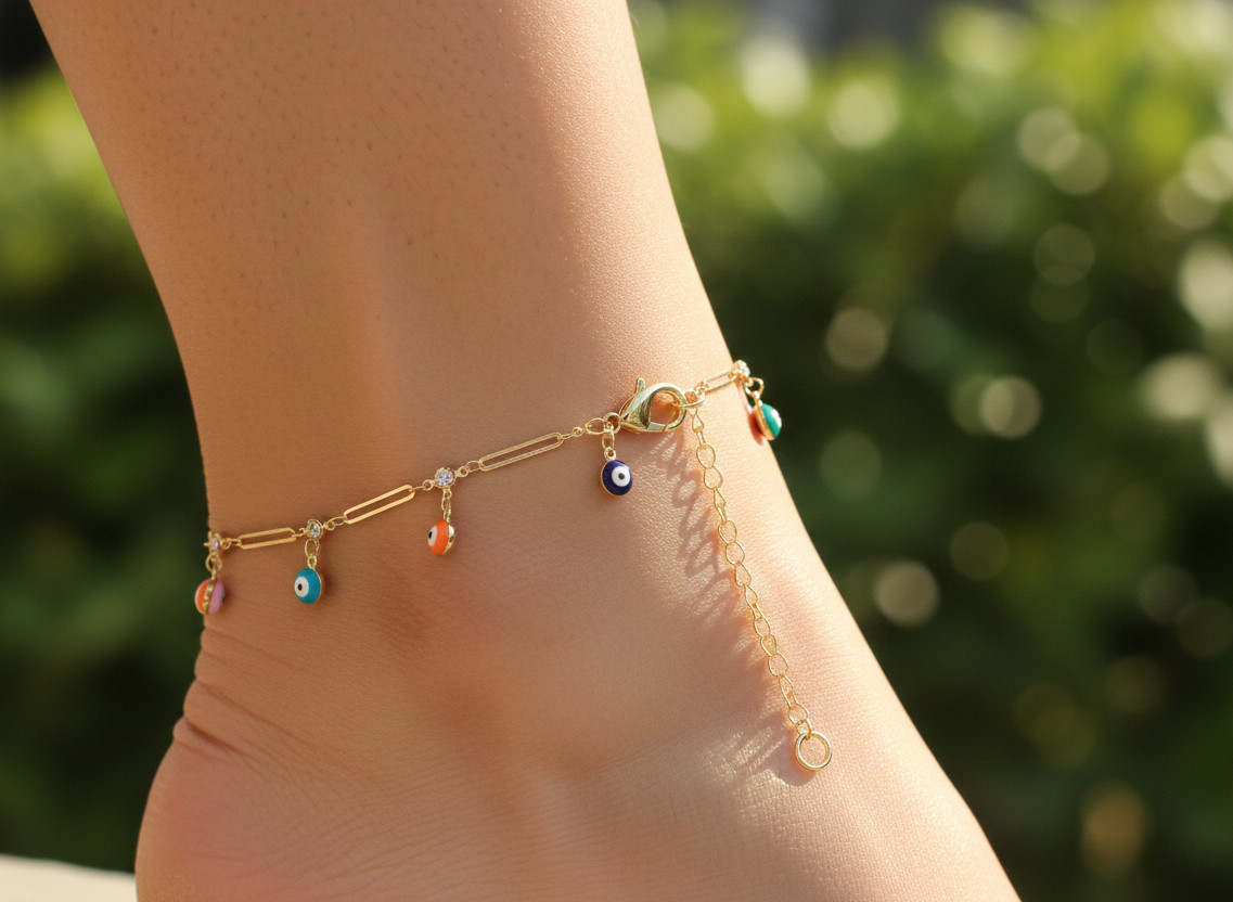 Boho Colorful Evil Eye Anklet Gold Plated Designer Dainty Charm Chain Jewelry